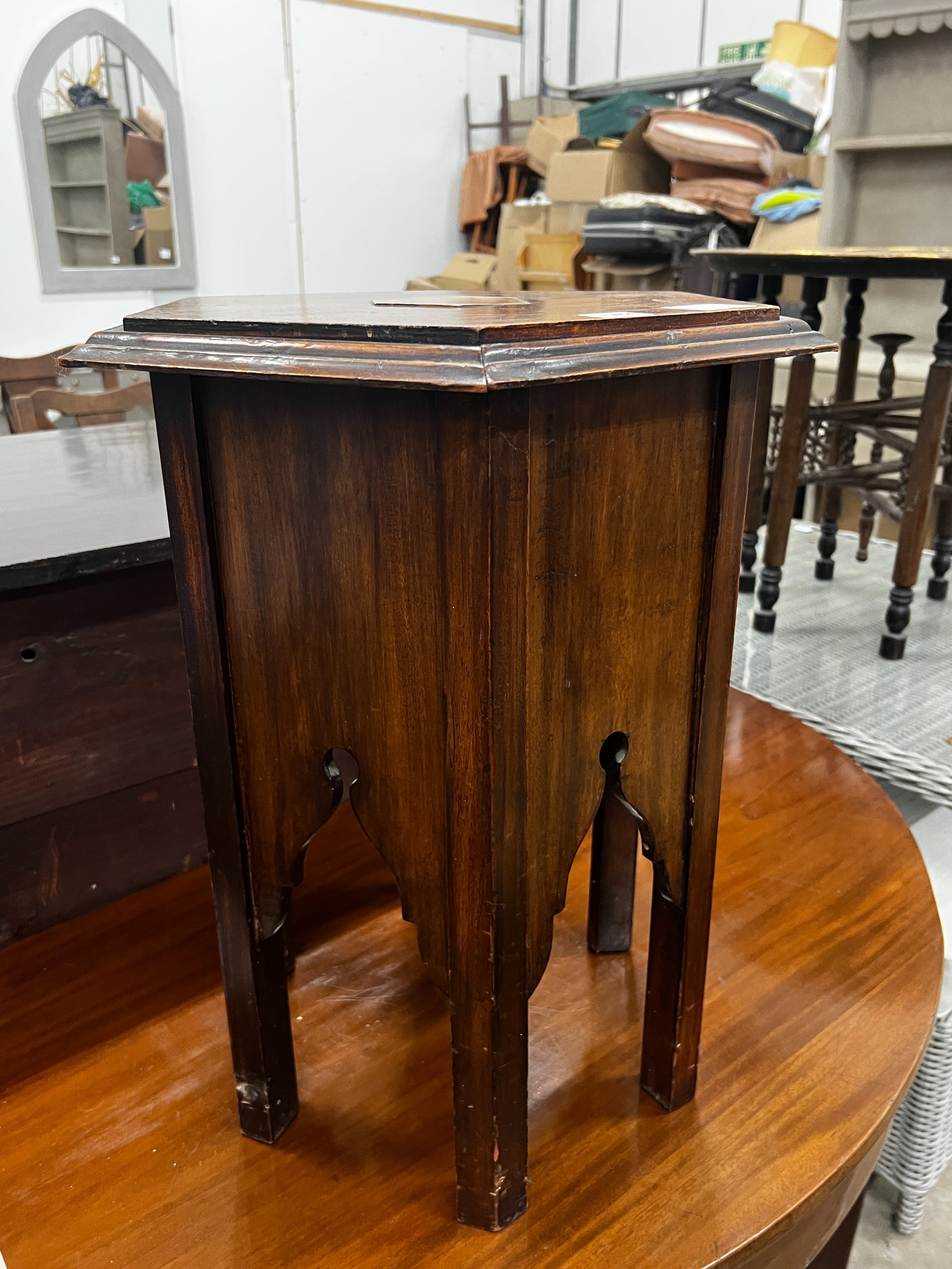 A Liberty style Moorish hexagonal hardwood occasional table, width 45cm, height 54cm